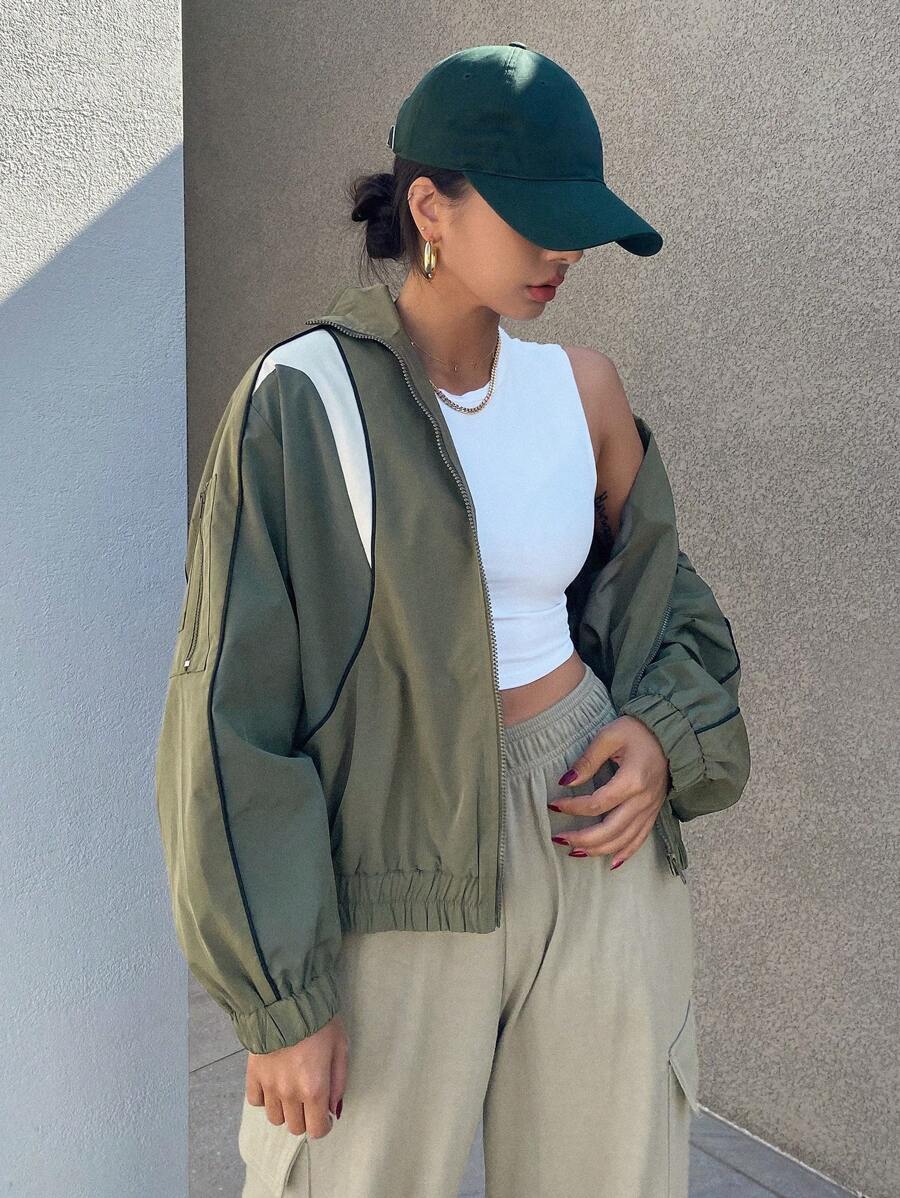 Dazy Star Contrast Piping Dây kéo Thả vai Áo khoác - Màu xanh lá cây đậm - Xem 1