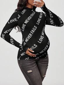 SHEIN Thai sản In thư Đứng cổ áo Áo thun - màu đen - Xem 3