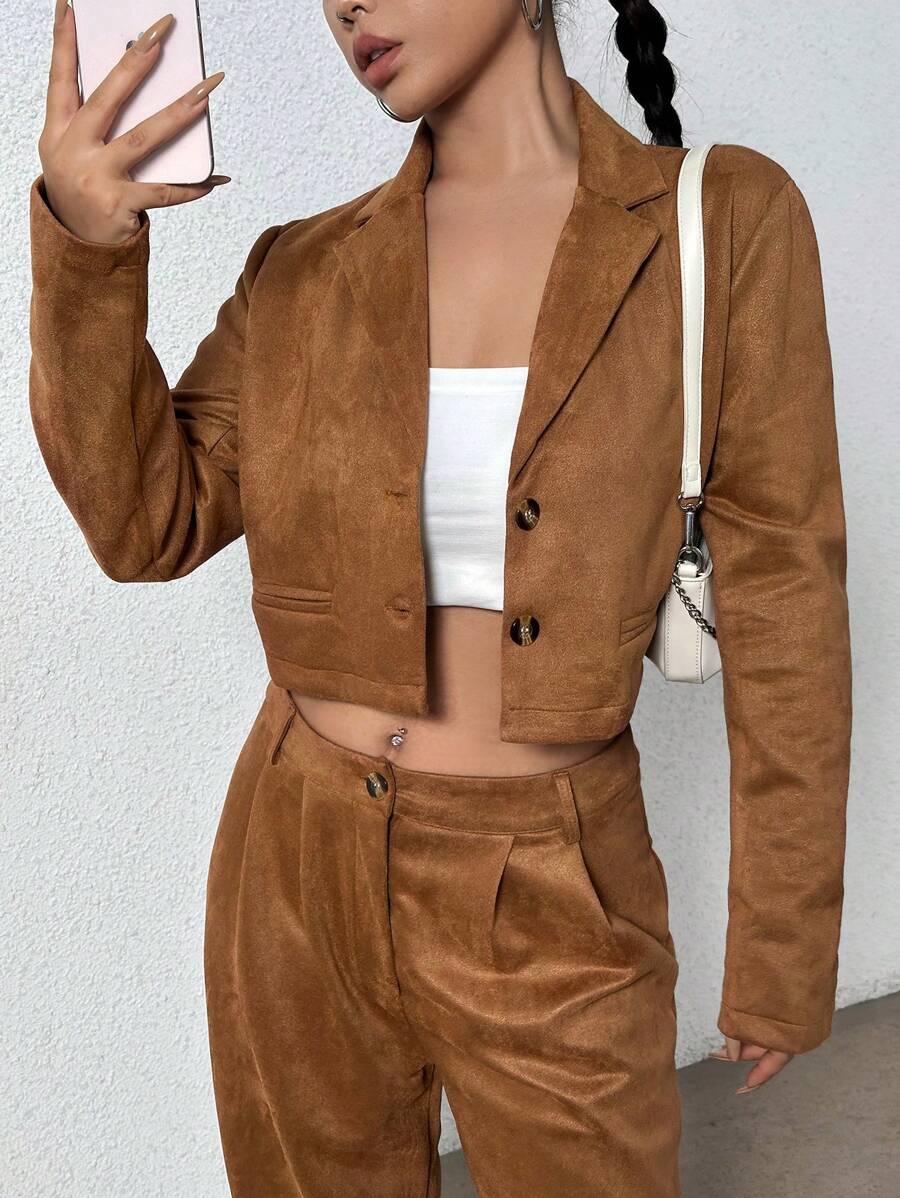 SHEIN Unity 西裝領短版西裝和褲子 - 棕色 - 查看 1