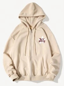 Lỏng lẻo phù hợp Nam Chữ cái & Dấu sao In Dây kéo Dây rút Hoodie - Màu Khaki - Xem 2