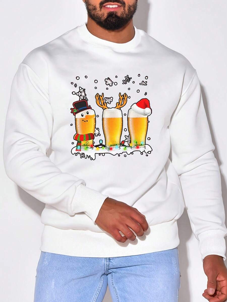 Men Christmas Cartoon Graphic Sweatshirt - White - View 1