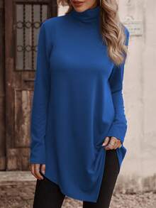 SHEIN LUNE 素色高領不對稱下擺T恤 - 藍色 - 查看 5