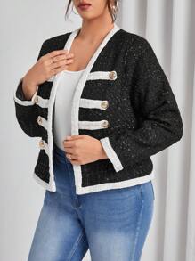 SHEIN Privé Plus Contrast Trim Button Detail Jacket - Black - View 5