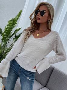 SHEIN LUNE 1pc Solid Flare Sleeve V Neck Sweater - Apricot - View 6