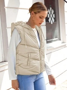 EURMUSE Zip Up Drawstring Hooded Puffer Vest Coat - Beige - View 5