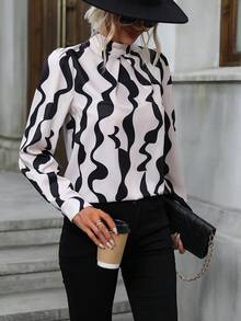 SHEIN Clasi Blusa con estampado de cuello alto - Albaricoque - Ver 3