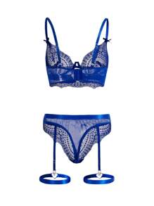 花卉蕾絲鋼圈吊帶襪內衣套裝 - 寶藍色 - 查看 2