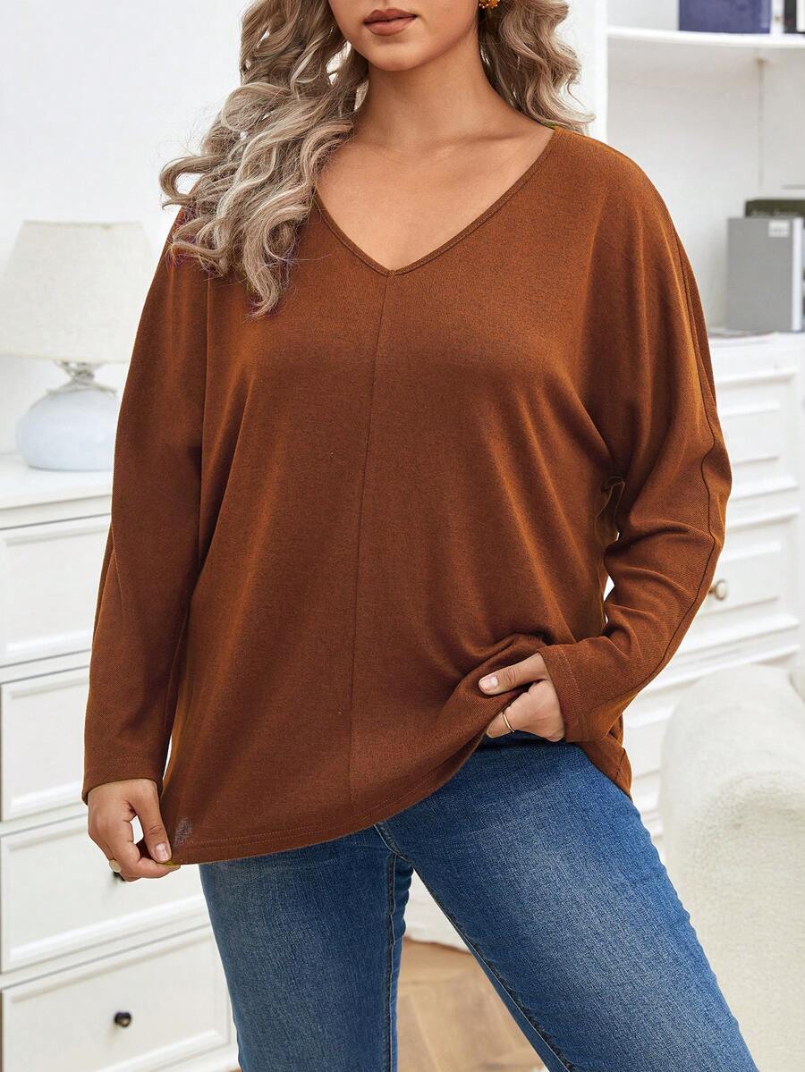 SHEIN Frenchy 大碼素色蝙蝠袖T恤 - 咖啡棕 - 查看 1