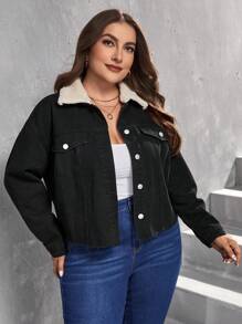 EMERY ROSE Plus Size Women's Denim Jacket With Fur Collar - Black - View 1