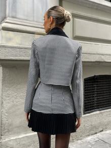 EURMUSE Ladies' Houndstooth Pattern Suit & Pleated Skirt Hem Outfit - Black and White - View 2