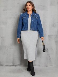 SHEIN LUNE Plus Pearls Beaded Flap Pocket Denim Jacket - Dark Wash - View 4