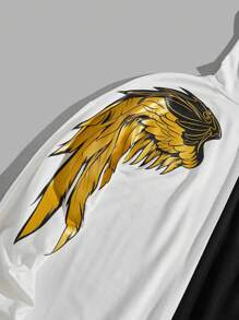 Manfinity VCAY 宽松版型男士翅膀印花拼色连帽衫，适合秋冬 - 黑與白 - 查看 4