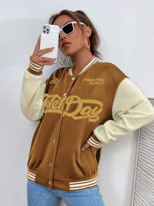 SHEIN Unity Áo khoác sọc họa tiết Letter Graphic Colorblock thả vai - màu nâu - Xem 6
