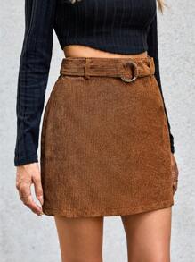 GENKIRA Cao eo Thắt lưng Vải to sợi Váy - Cà phê nâu - Xem 5