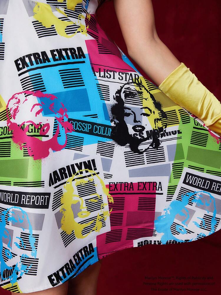 Retro Elegant Character And Letter Print Square Neck Waist Dress For Summer