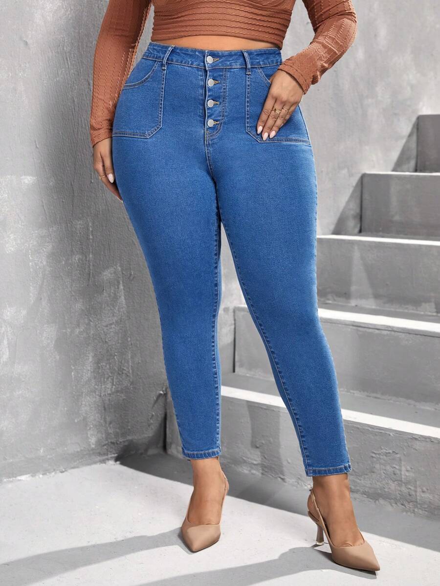 SHEIN Privé Plus Button Fly Skinny Jeans - Medium Wash - View 1