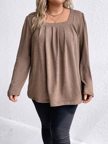 SHEIN LUNE Hơn Cổ vuông Xếp nếp Áo thun - màu nâu - Xem 3