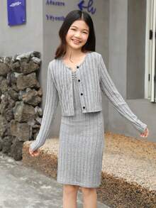 Tween Girl Solid Button Front Tee & Cami Dress - Grey - View 4