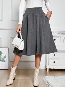 SHEIN LUNE 女式皺摺高腰a字裙,帶翻蓋和寬邊 - 灰色 - 查看 1