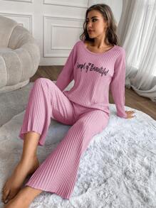 EURMUSE Conjunto De Pijama De Punto Estampado Con Texto/estampado De Costilla Para Mujeres, Para Uso En Casa - Rosa - Ver 6
