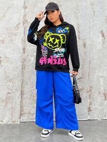 SHEIN EZwear 加大码卡通标语图案落肩卫衣 - 黑色 - 查看 2