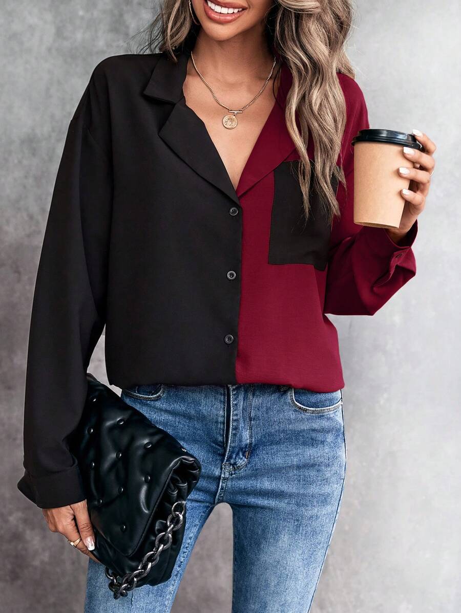 SHEIN LUNE Two Tone Drop Shoulder Patched Pocket Shirt - Burgundy - View 1