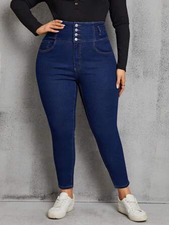 SHEIN Privé Plus High Waist Button Fly Skinny Jeans