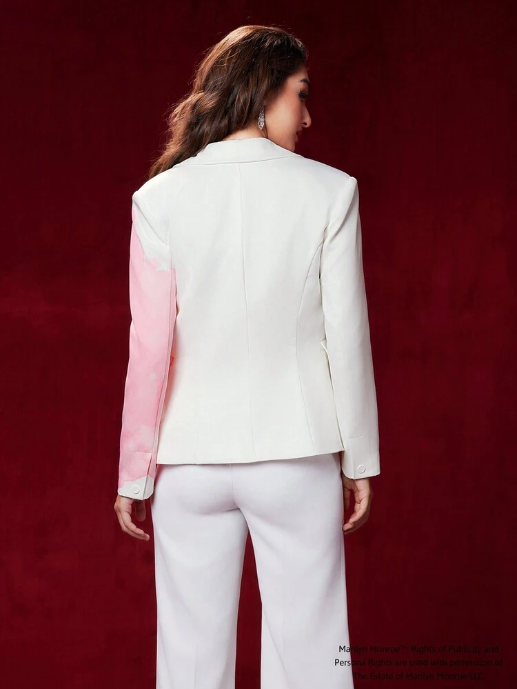 Dot and Slogan Graphic Colorblock Peak Lapel Blazer
