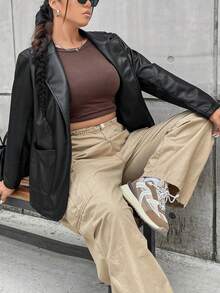 Flirla Plus Lapel Neck Leather Look Blazer - Black - View 2