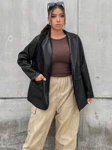 Flirla Plus Lapel Neck Leather Look Blazer - Black - View 5