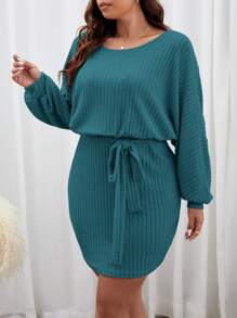 SHEIN Frenchy Plus Batwing Sleeve Belted Dress - Blue - View 3