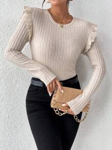 SHEIN Frenchy Viền Ruffle Đồ đan Ribbed Áo thun - Màu be - Xem 4