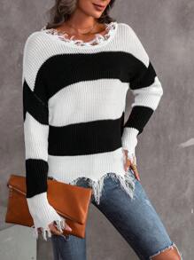 SHEIN Essnce 雙色落肩袖仿舊邊套頭毛衣 - 黑與白 - 查看 4