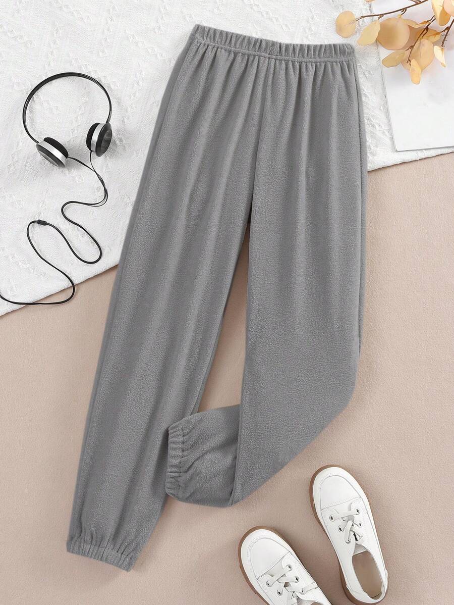 SHEIN Tween Girl Solid Elastic Waist Pants - Dark Grey - View 1