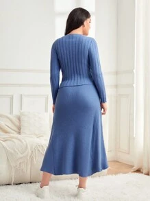 Mulvari Plus Solid V Neck Sweater & Knit Skirt - Blue - View 2