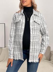 SHEIN Maternity Plaid Pattern Raw Hem Drop Shoulder Tweed Coat - White - View 1