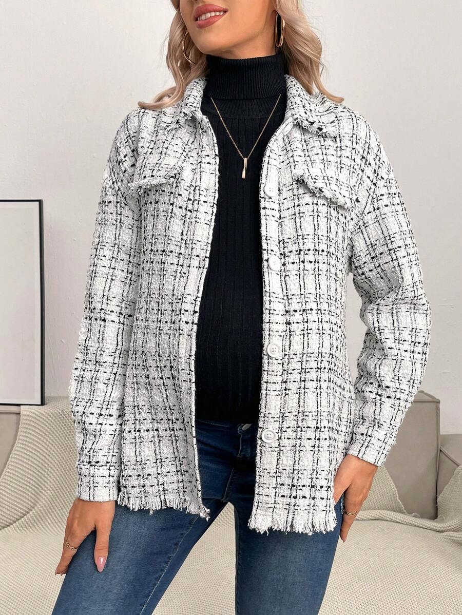 SHEIN Maternity Plaid Pattern Raw Hem Drop Shoulder Tweed Coat - White - View 1