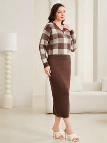 Mulvari Họa tiết kẻ sọc trâu Sweater & Knit Skirt - Cà phê nâu - Xem 5