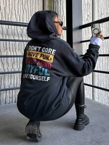 RueChic 大碼標語圖案落肩袖連帽衫 - 黑色 - 查看 1
