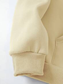 SHEIN Unity Áo hoodie có dây rút in khẩu hiệu thoải mái hàng ngày dành cho nữ, dáng rộng, vai trễ, túi , lót nhiệt, thu/đông - Màu be - Xem 5