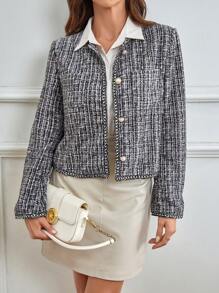 SHEIN Privé 撞色滾邊前紐扣夾克 - 黑與白 - 查看 1