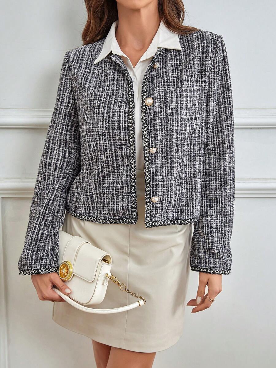 SHEIN Privé 撞色滾邊前紐扣夾克 - 黑與白 - 查看 1