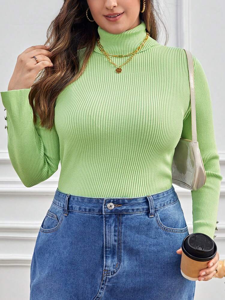 Women'S Plus Size Green Turtleneck Sweater Pullover