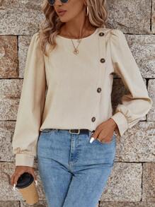 SHEIN LUNE Enfärgat Knappdetalj Puff Ärm Blusar - Aprikos - Visa 1