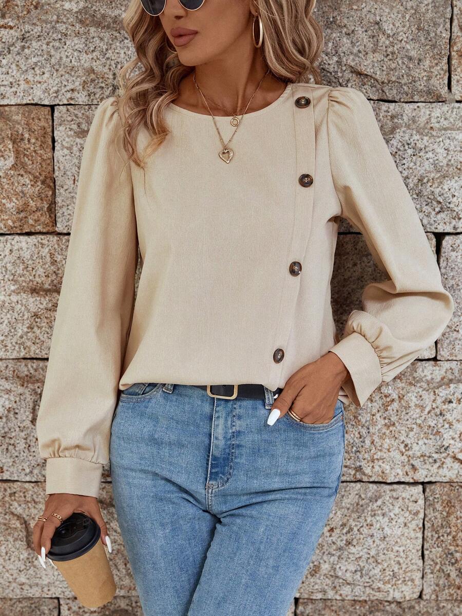 SHEIN LUNE Enfärgat Knappdetalj Puff Ärm Blusar - Aprikos - Visa 1