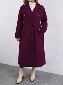 Calvaya Plus Size Double-breasted Turn-down Collar Woolen Coat - Red Violet - View 5