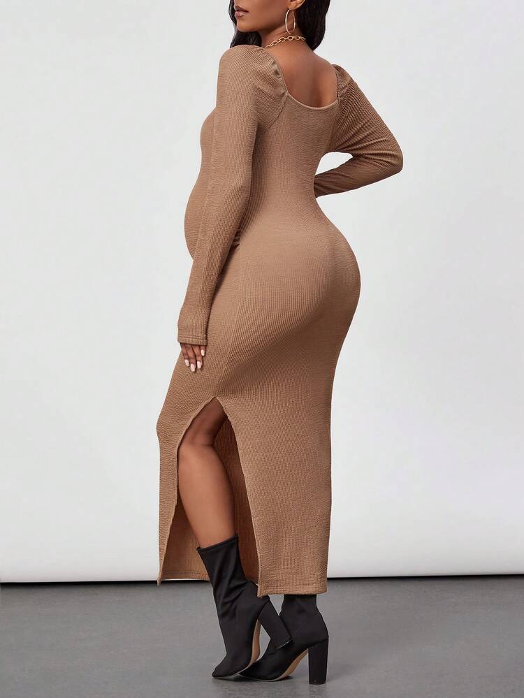Maternity Solid Color Knitted Dress With Split Hem