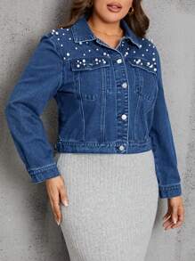 SHEIN LUNE Plus Pearls Beaded Flap Pocket Denim Jacket - Dark Wash - View 3