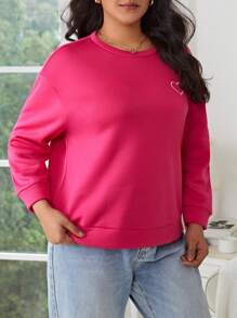 SHEIN Frenchy Hơn Thêu trái tim Thả vai Áo nỉ - Màu Hồng Tươi - Xem 1