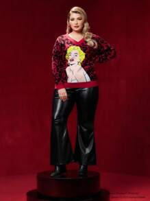 Marilyn Monroe X SHEIN Plus Leopard & Figure Pattern Drop Shoulder Sweater - Red - View 6